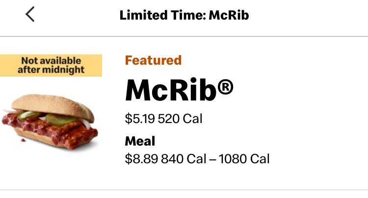the mc rib is available for sale at a location within biking distance. 