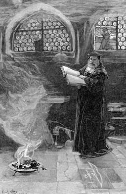 an alchemist pondering the auguries in a cloud of smoke, consulting a grimoire
