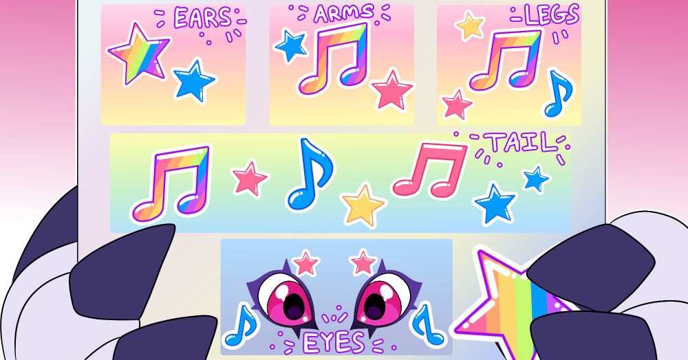 A reference sheet of assorted stickers that are used as details on Sugarplum Gazimo , a Digimon OC.