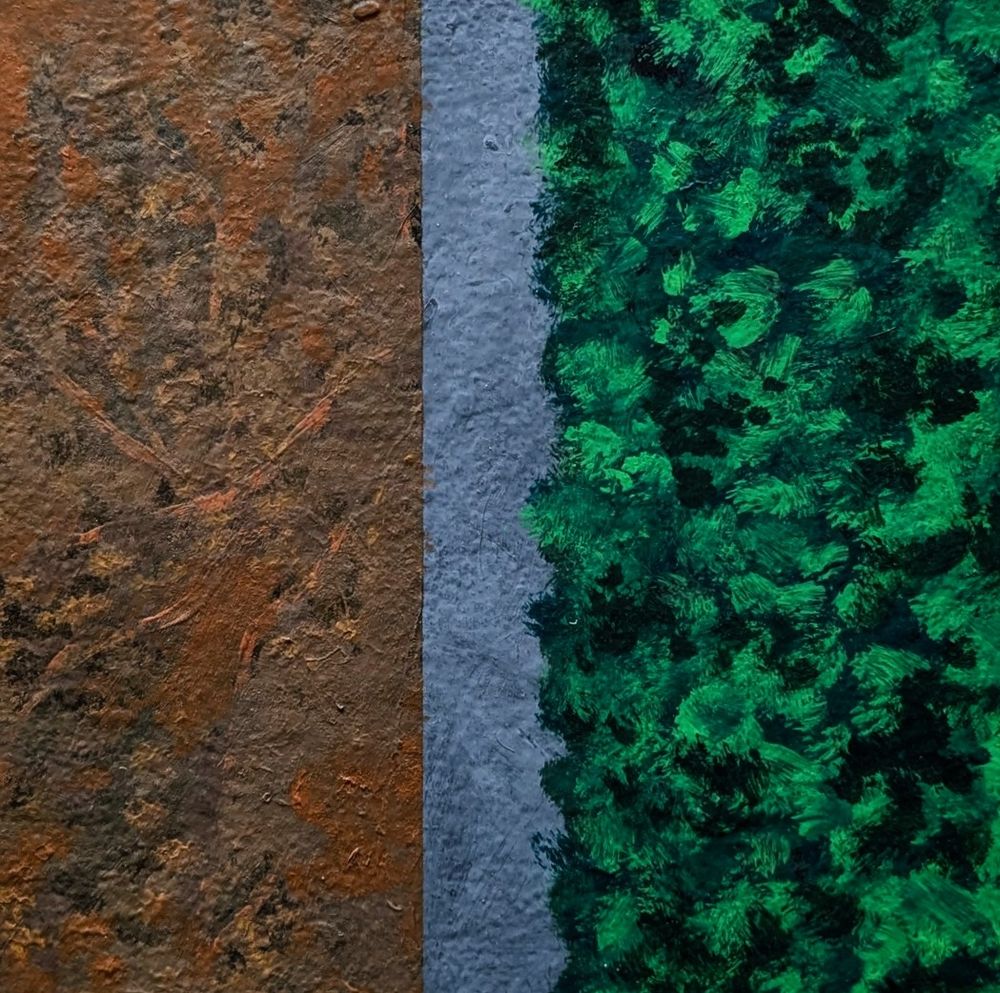 The first the jungle on the left hand side with live woods on the right hand side and a gray road running through the middle painted in acrylic paint