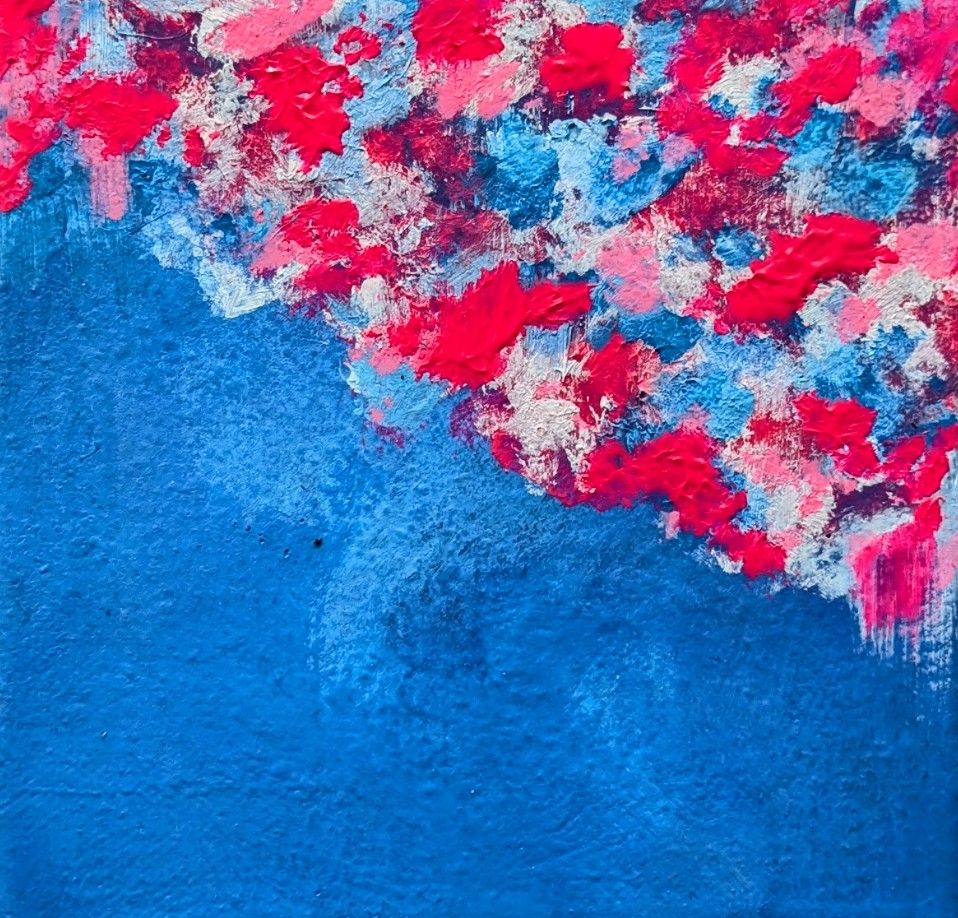 Blue background with pink and light blue petals. Painted in acrylic.