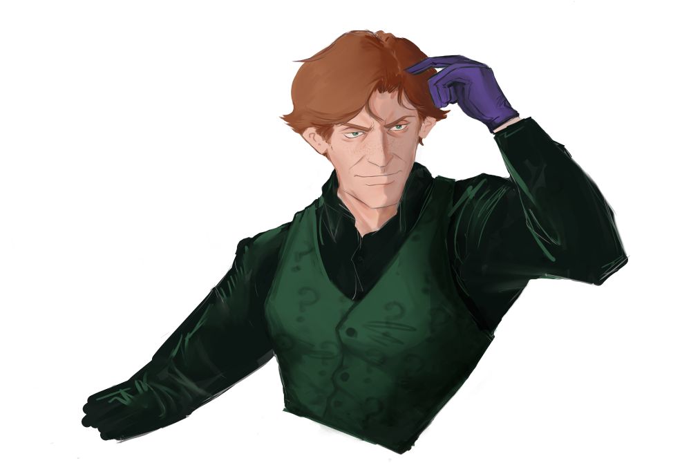 An unfinished drawing of the Riddler in a green waistcoat