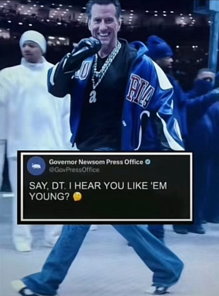 Kendrick Lamar Super Bowl halftime show meme with Gavin newsom's head on Kendrick Lamar's body and he says 