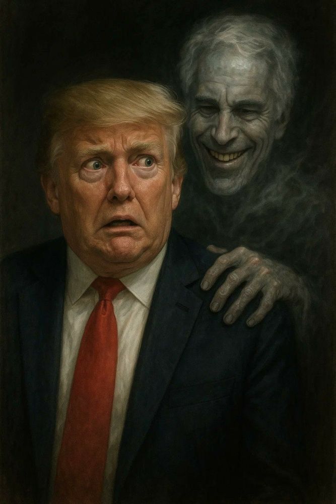 Art image of trump looking scared with a ghost of Jeffrey Epstein grinning behind him with his hand on his shoulder 
