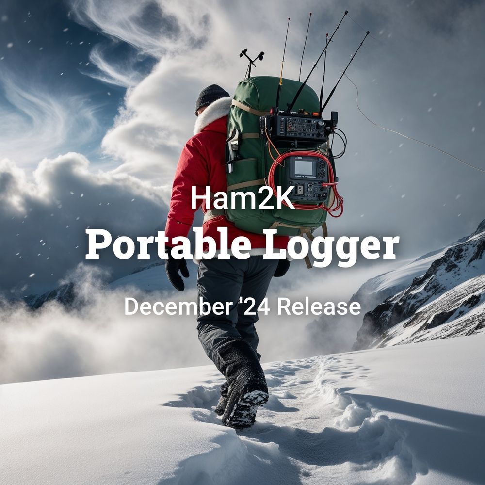 A person walking in the snow up a mountain, with a red jacked with white trimming and a backpack full of random amateur radio gear.