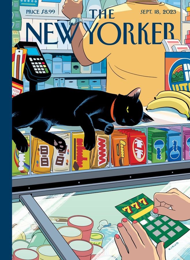 Illustrated cover of the New Yorker magazine showing a black bodega cat sleeping in a store.