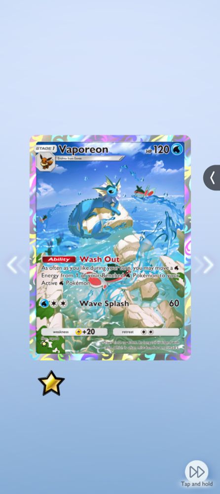 The pokemon card for Vaporeon, from pokemon tcg pocket 