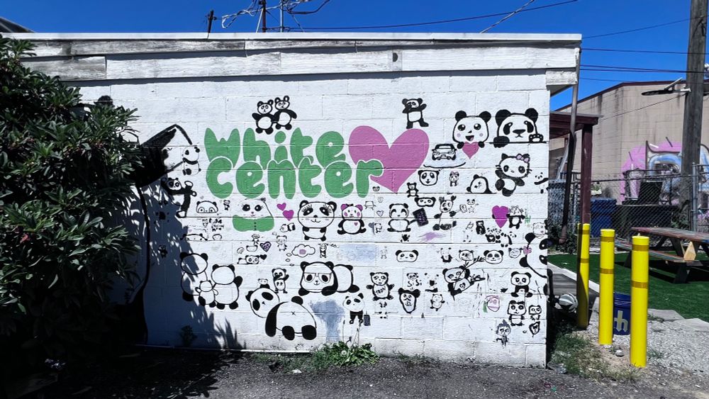 Mural on the side of the building in White Center, in the alleyway. It says the word “White Center” in green, a few pink hearts, and some illustrated pandas, mostly faces.