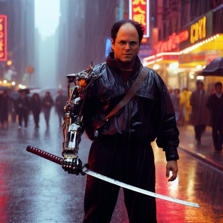 Words simply can not do this image of George Costanza with a cybernetic arm and a katana justice. 

Image via https://linktr.ee/PeteCatania