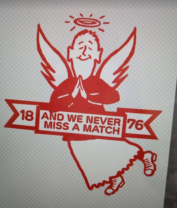 An angel with a halo, praying with their eyes shut, a banner reads 1876... and we never miss a match. The image is an updated version of the old Ayresome Angels pin badges. 