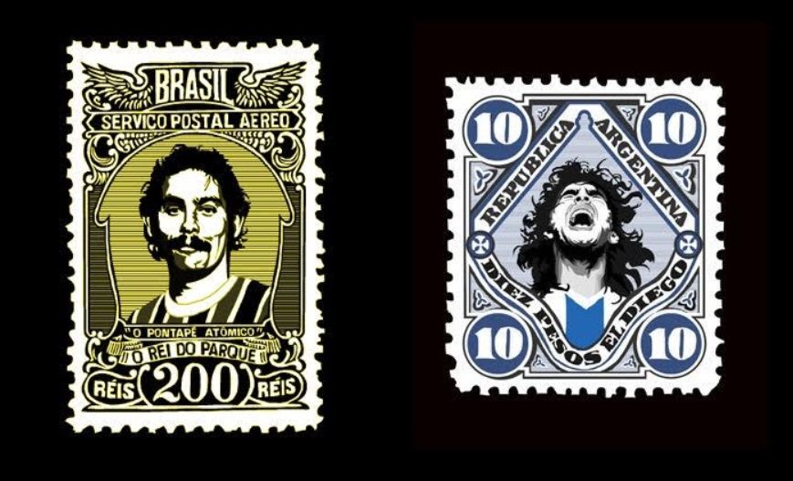Legendary footballers depicted as postage stamps 