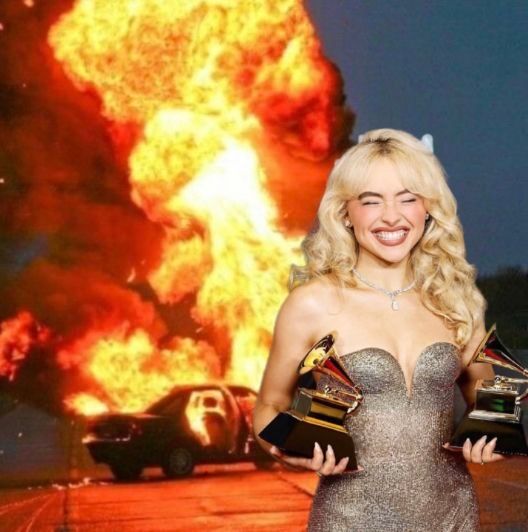 Sabrina Carpenter holding 2 Grammys in front of a car on fire