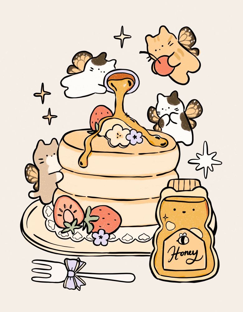 Digital illustration of thick pancakes on a plate with tiny cats with butterfly wings helping assemble it, there is a honey bear in front of the pancake stack and a fork with a blue bow on it. One cat is pouring syrup on the pancakes. 