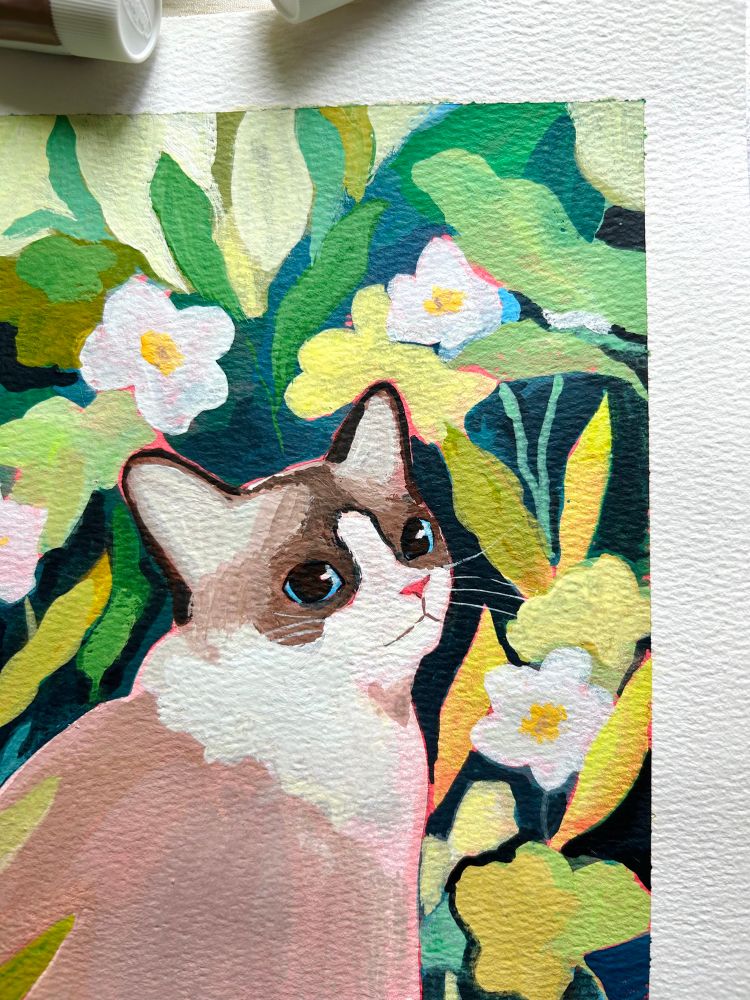 Another shot of the gouache painting with a closer look of the cat. I think the cat is a Siamese and its brown and white with blue eyes.
