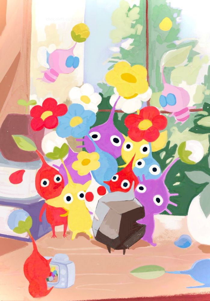 Digital illustration of the Nintendo characters called Pikmin, they are posing while another Pikmin games a picture of them. 