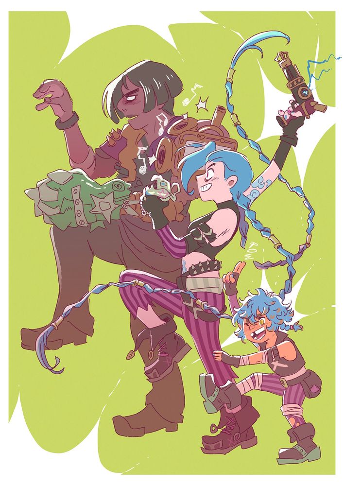 (spoilers for Arcane season 2!) Isha, Jinx and Sevika from Arcane, viewed from profile. The three of them have one leg in the hair and doing combat pose. Sevika is doing the pose but looks annoyed / ashamed (the pose comes from the manga Yotsuba&)