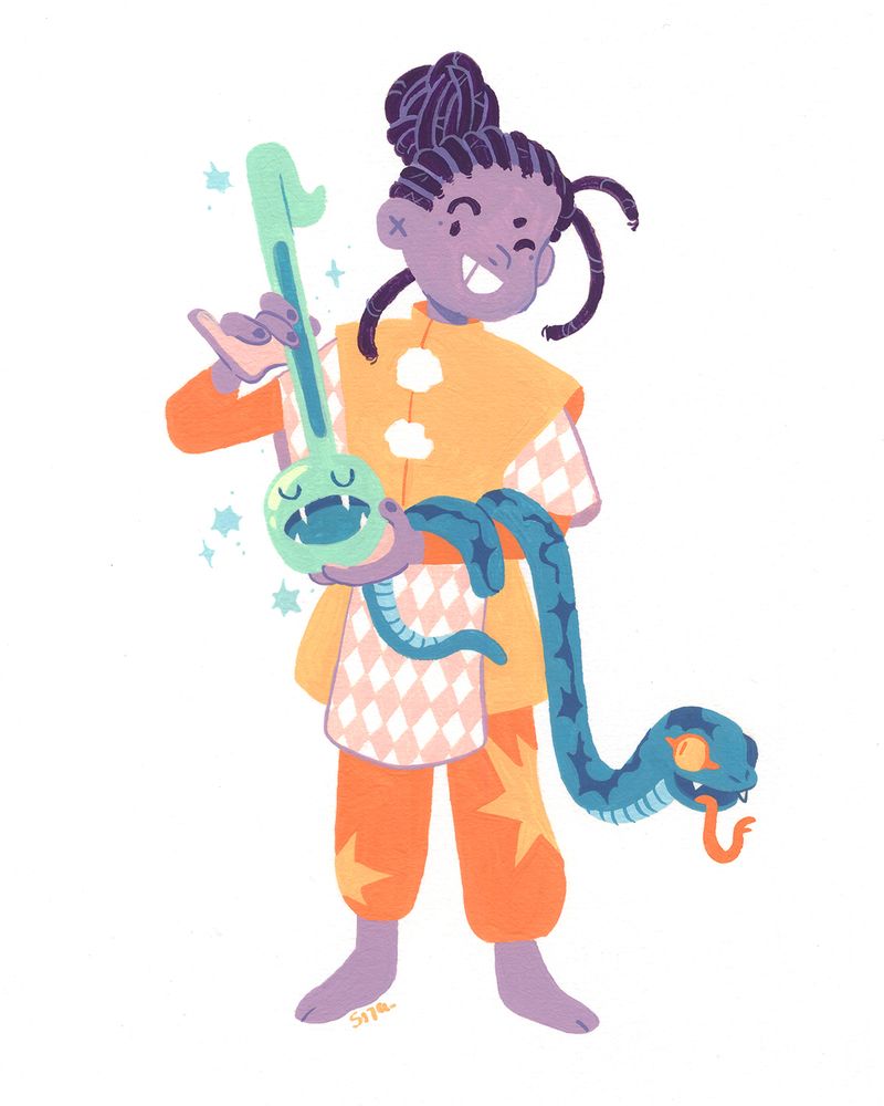 A gouache illustration of an otomatone player on a solid white background. They're dressed in an outfit mixing menestrel and magical girl aesthetics. They're playing otomatone with both their hands while a snake is hanging from the bottom arm and having the same shape as the otomatone.
Colors are in orange / naples yellow / pink / lilac / dark violet with an accent of lime / peacock blue.