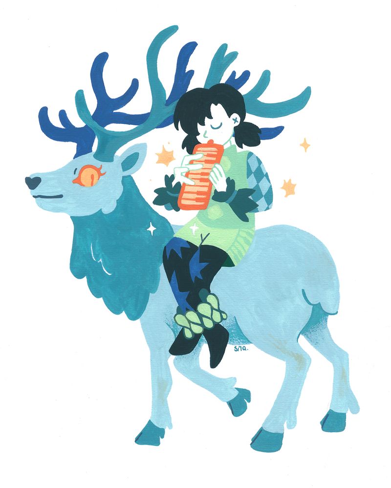 A gouache illustration of a melodica player on a solid white background. They're dressed in an outfit mixing menestrel and magical girl aesthetics. They are sitting on the back of a big blue stag.
Colors are in pale blue / peacock blue / lime / turquoise with an accent of orange and yellow.