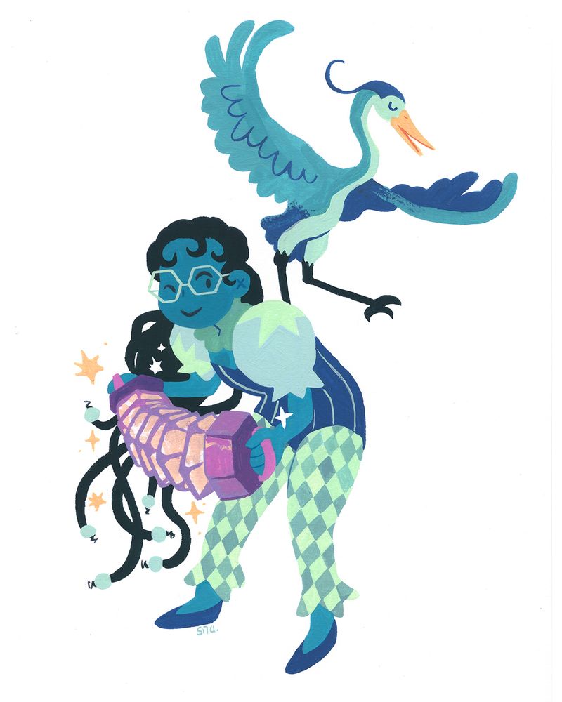 A gouache illustration of an accordeon player on a solid white background. They're dressed in an outfit mixing menestrel and magical girl aesthetics. A heron is perched and dancing on their back.
Colors are in pale blue / peacock blue / lime / turquoise with an accent of pink.