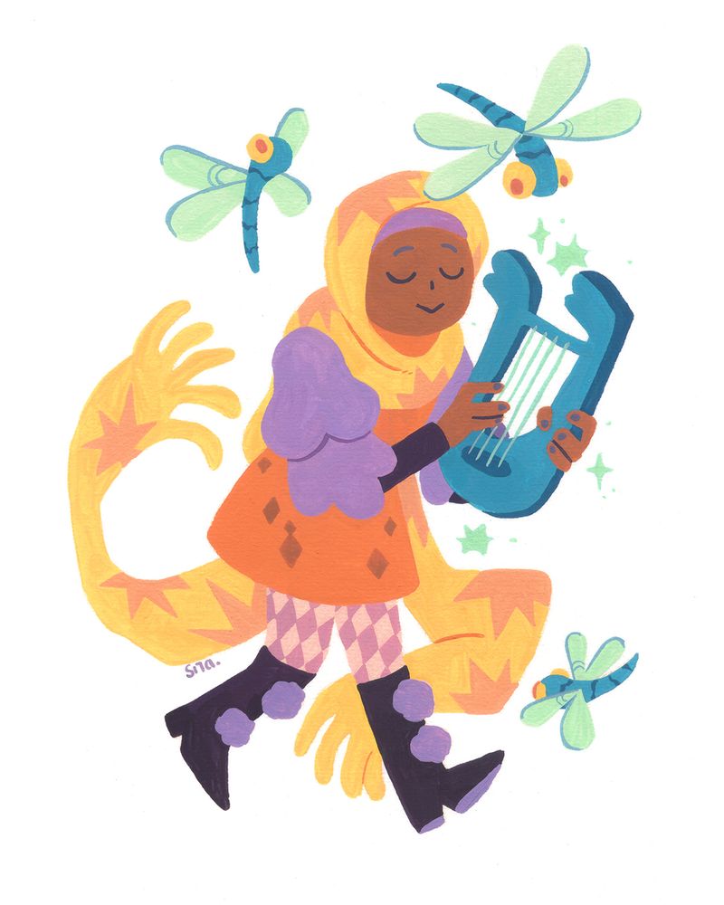 A gouache illustration of a  lyra player on a solid white background. They're dressed in an outfit mixing menestrel and magical girl aesthetics. Dragonflies are flying around.
Colors are in orange / naples yellow / pink / lilac / dark violet with an accent of peacock blue.