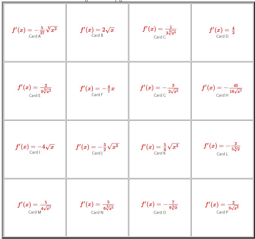 A set of 16 cards each with a derivative function on it.