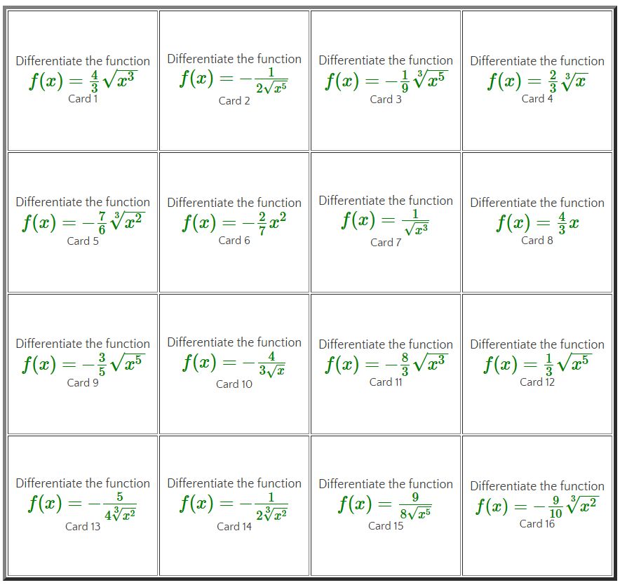 A set of 16 cards each with a polynomial to differentiate