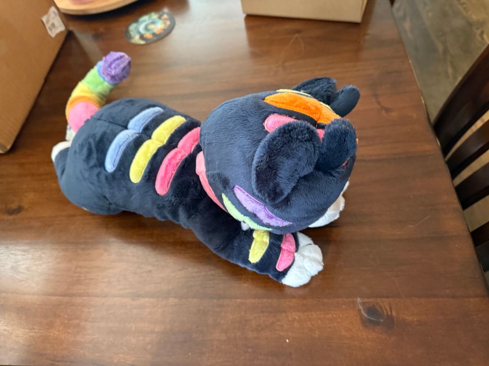 A plush kitty with colorful stripes, rainbow tail and cute antennas is sitting on a wooden table. This view is from above. 
