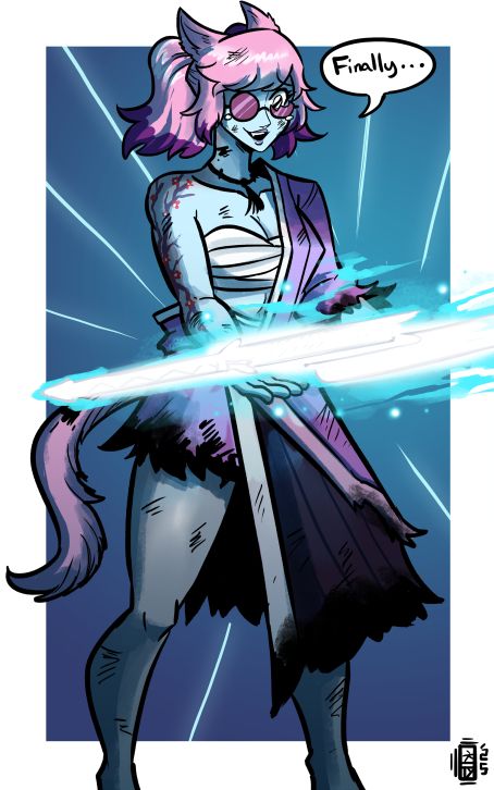 A Female Miqo'te Samurai, beaten and battered with torn robes and broken glasses, saying "Finally" as she Amakura Ultima, a glowing katana - the reward for clearing The Weapon's Refrain Ultimate in FFXIV