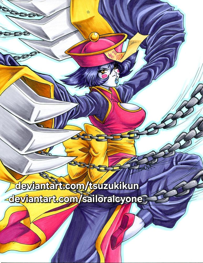 A traditionally coloured image of Hsien-Ko from the video game Darkstalkers. She is a pale woman with short purple hair. She wears a pink and yellow trimmed tunic over purple pants and a long sleeved purple top. A large yellow bow wraps around her waist and she wears pink slippers, and a pink hat with a paper talisman attached to it. She is posed turning away from the camera as if she is spinning, and one leg is raised to emphasize the motion. From her large sleeves emerge large claws and several chains as she performs one of her signature video game moves.  