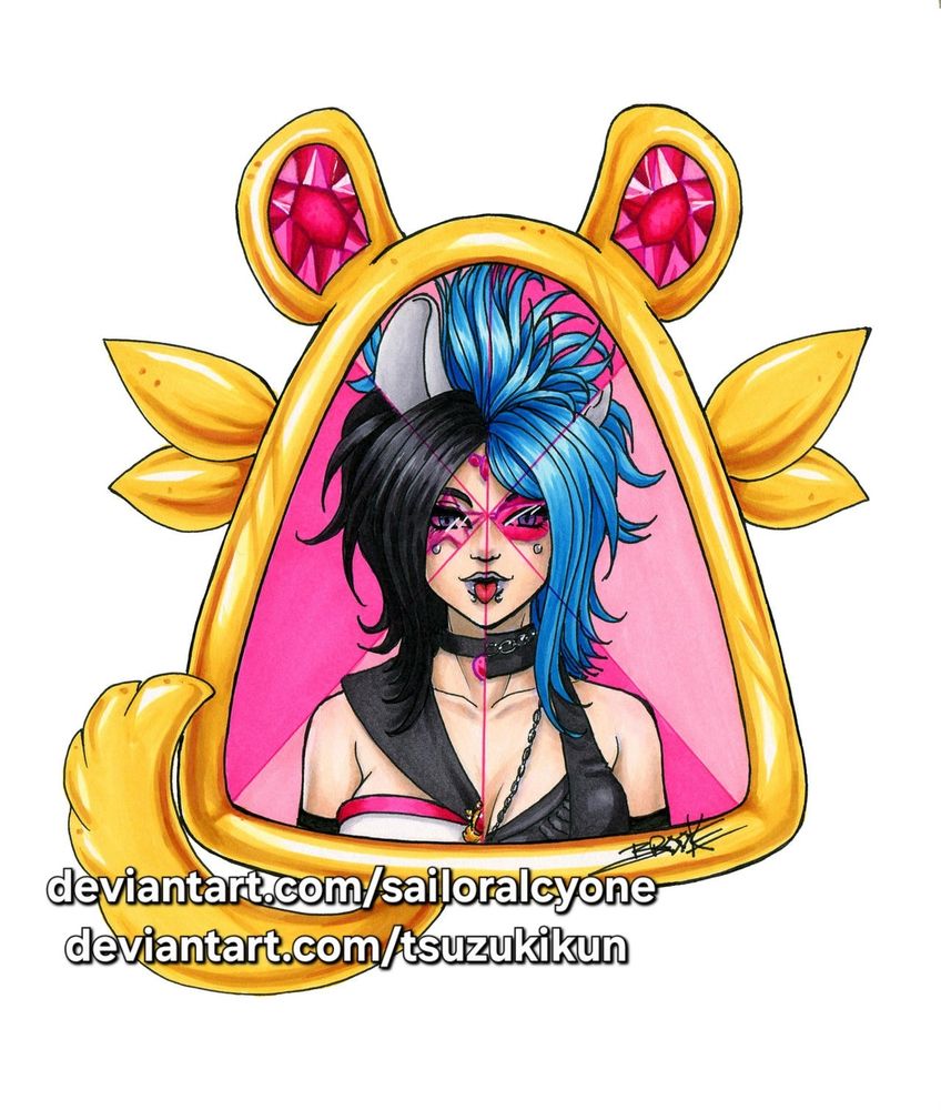 A chinchilla shaped golden brooch with tiny wings and dark pink crystals in the ears. Within the brooch is a punky looking Sailor senshi based on a Chinchilla. She has blue and black hair and wears pink and black. She is sticking out her tongue. The image is split into 4 so that two parts portray her civilian form while the other two parts portray her senshi form. 