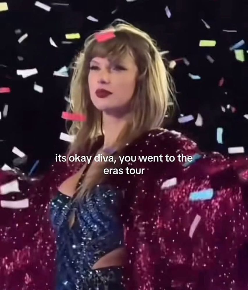 taylor swift wearing the midnights bodysuit and jacket during the closing of the eras tour and the text "it's okay diva, you went to the eras tour" text written out