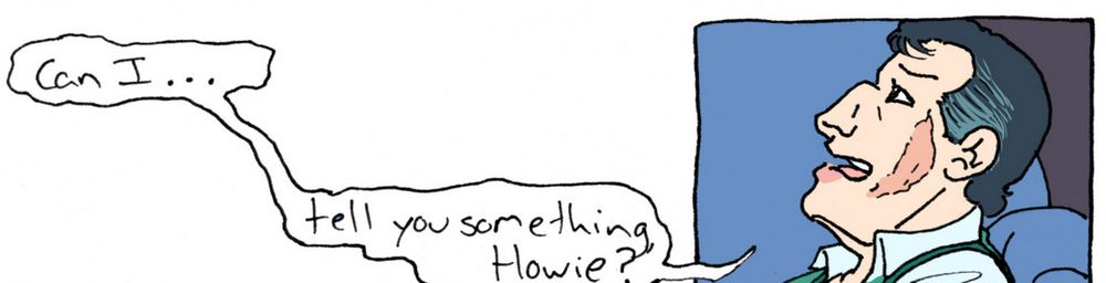 A color comic panel of mob boss Lou Pagliari, leaning back on the arm of a couch. He looks nervous but determined, and is looking off away from Rudy Ayers, who is listening off-panel. A long, trailing speech bubble stretches out away from the panel in two sections, with Lou asking, "Can I... tell you something, Howie?"