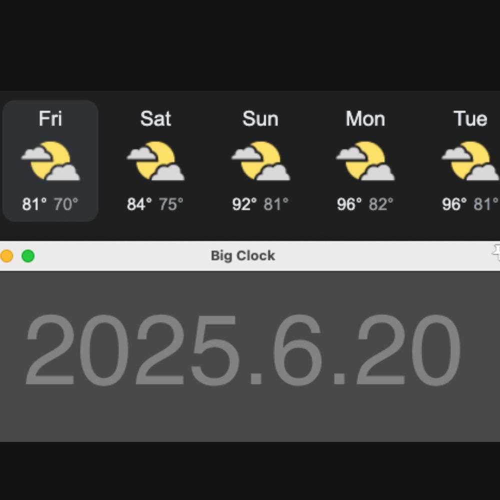 a mashup of the weekend's weather forecast (showing temps of 81-96F) with a "big clock" from the recording software "Reaper"