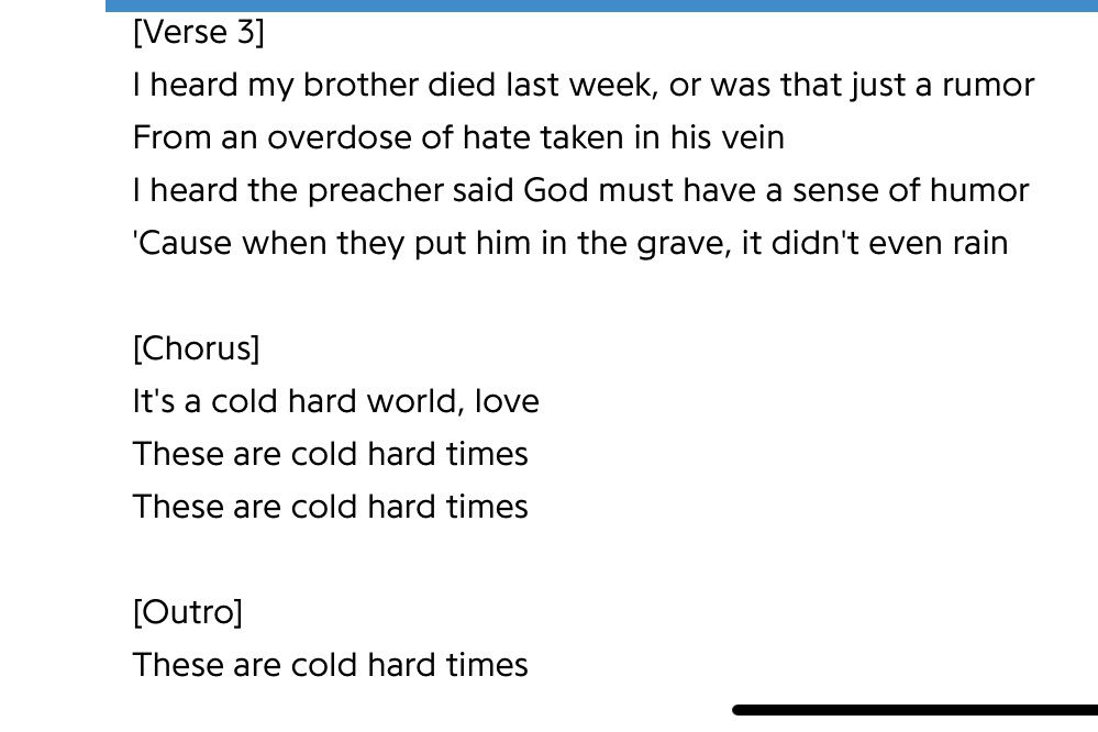 Lyrics to Lee Hazlewood, Cold Hard Times, verse 3 are shown.