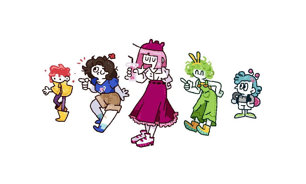 five original characters of mine lined up

from left to right;
a simple boy with a yellow coat and red paint for hair
a confident girl with short brown hair and a red flower growing on the top of her head
a tall girl all dressed in pink wearing a long skirt and a cap with cat ears on it. she also has cool as heck shoes :)
a happy looking girl with curly green hair wearing green overalls and a bunny-ears like headband
a small boy with snail features (antenas + shell), with curly blue hair