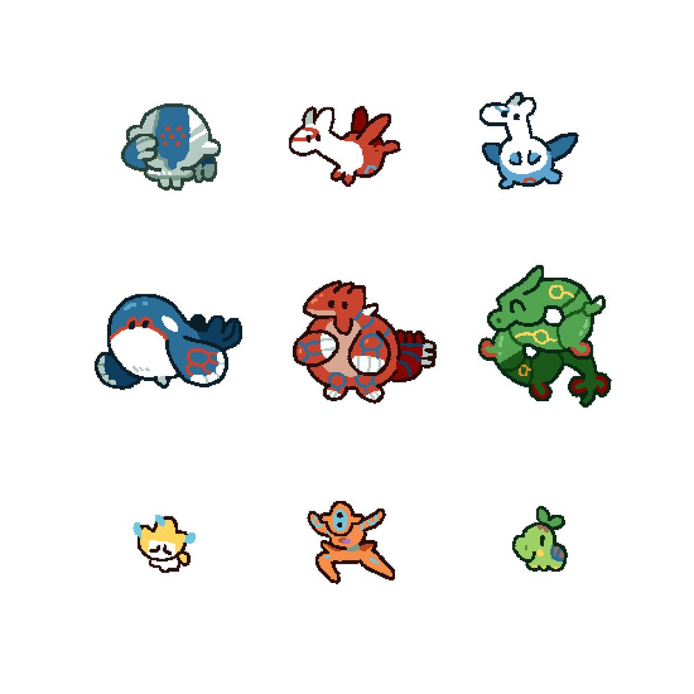 Neuf Pokémon dessinés de manière minimaliste et adorable. Registeel, Latias, Latios, Kyogre, Groudon, Rayquaza, Jirachi, Deoxys, Tortipouss.
