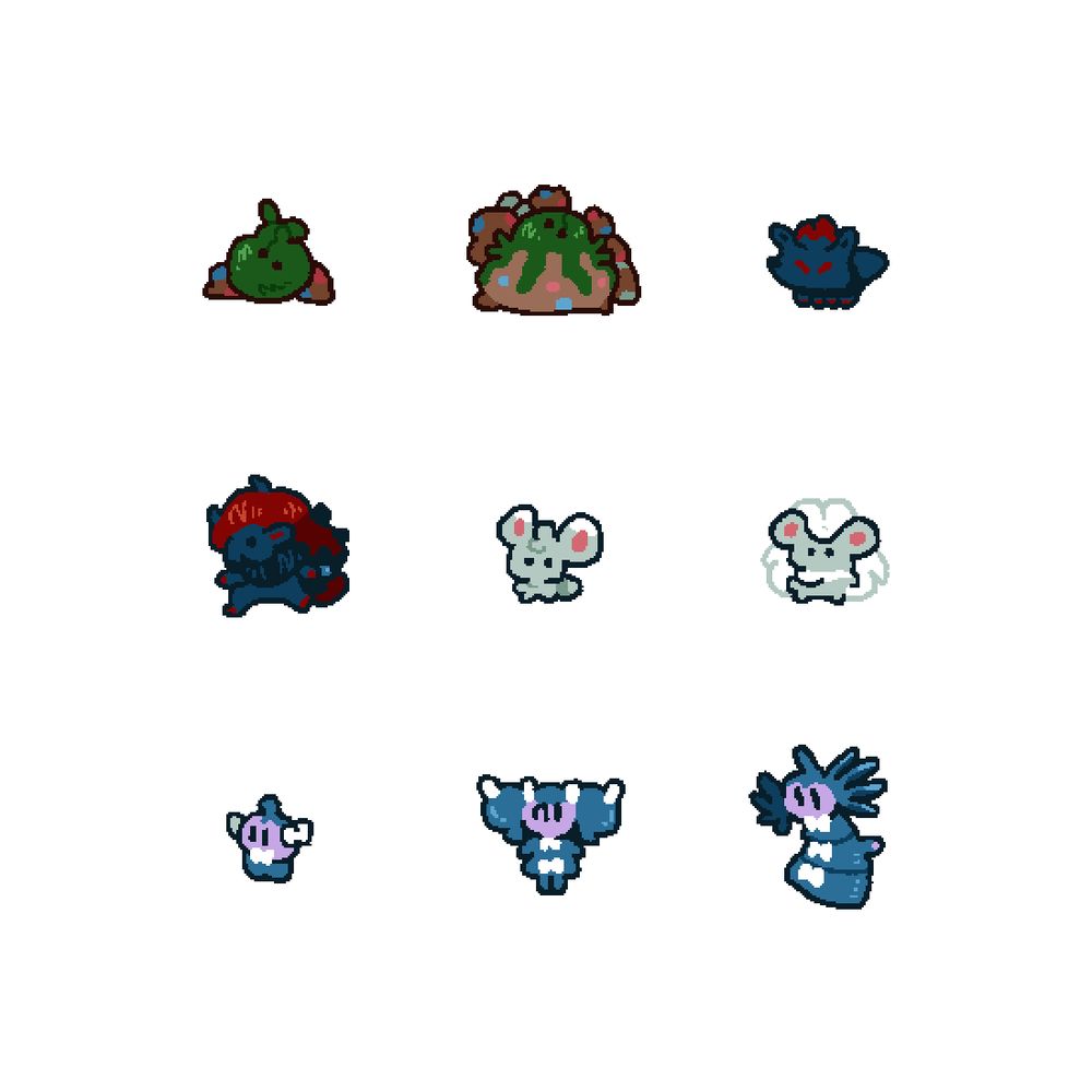 Cute Pokémon drawings. Trubbish, Garbodor, Zorua, Zoroark, Minccino, Cinccino, Gothita, Gothorita, Gothitelle.