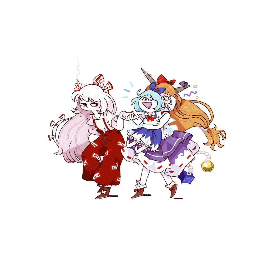 mokou + cirno + suika from touhou project
suika is holding cirno in her arms while cirno reach her hand to grab mokou's