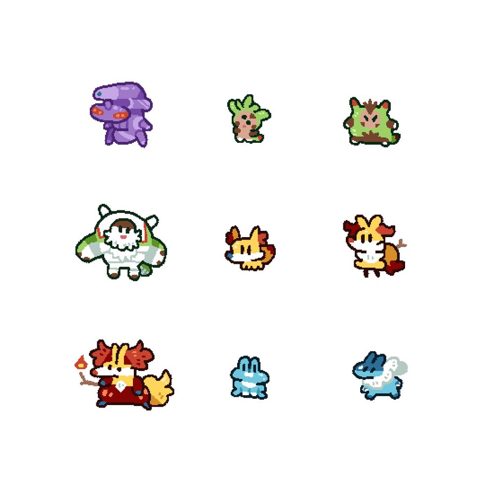 Cute Pokémon drawings. Genesect, Chespin, Quilladin, Chesnaught, Fennekin, Braixen, Delphox, Froakie, Frogadier.