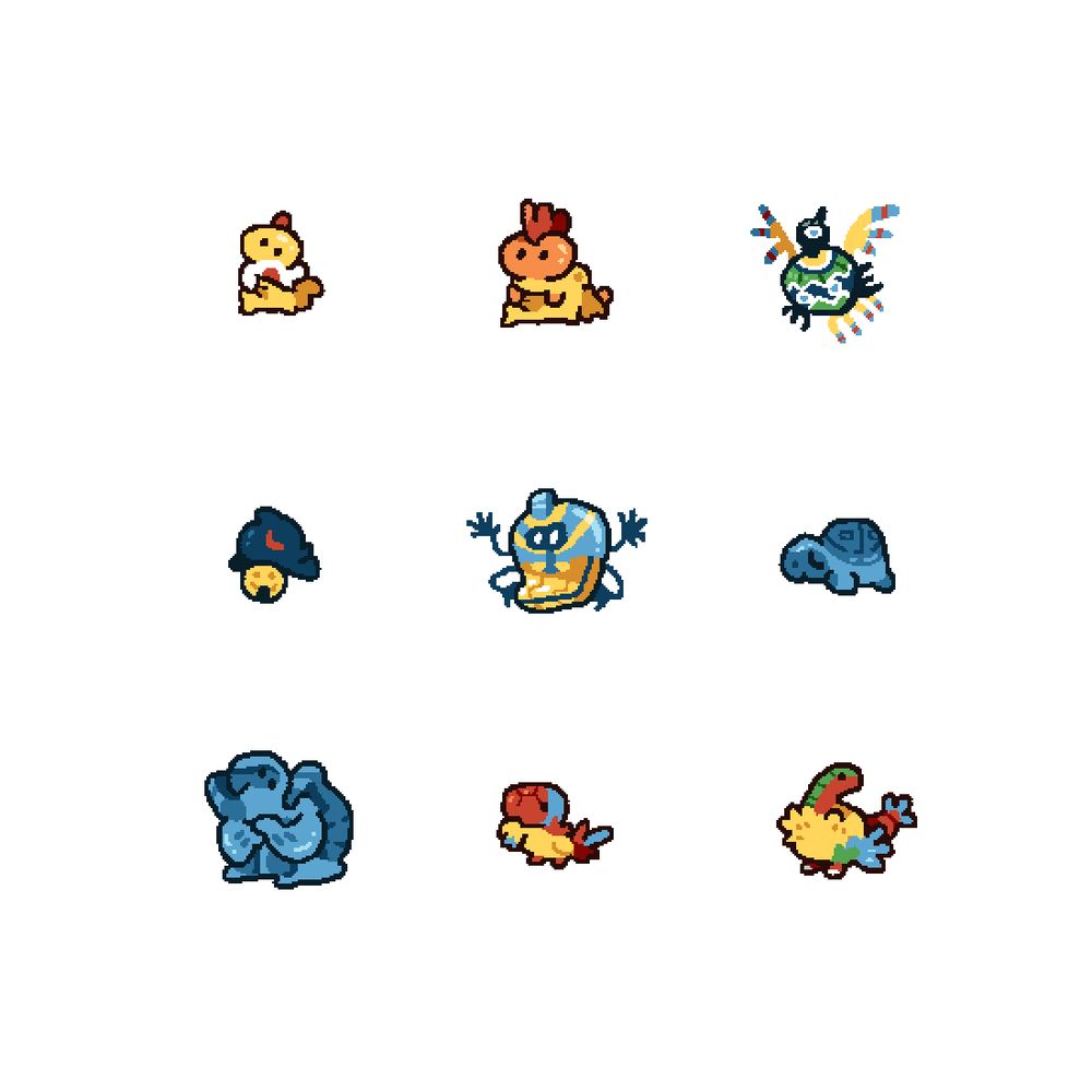 Cute Pokémon drawings. Scraggy, Scrafty, Sigilyph, Yamask, Cofagrigus, Tirtouga, Carracosta, Archen, Archeops.