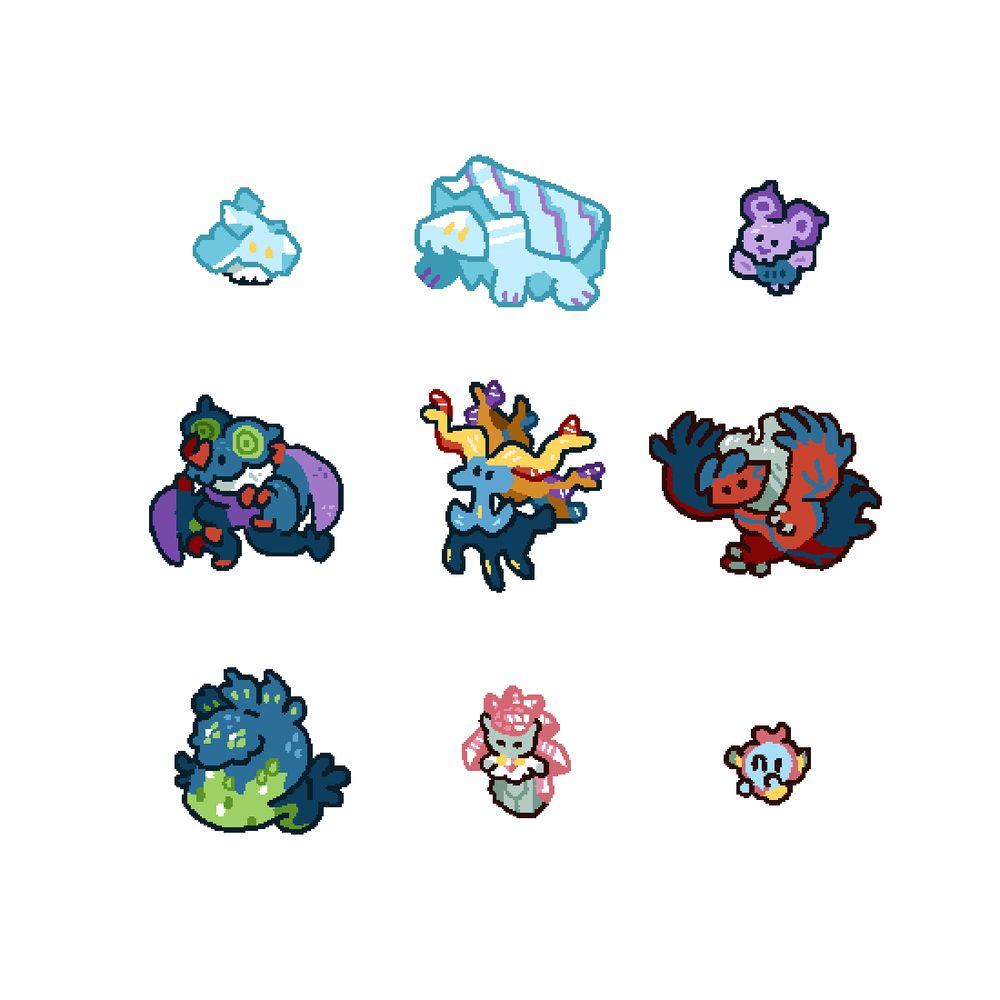 Cute Pokémon drawings. Bergmite, Avalugg, Noibat, Noivern, Xerneas, Yveltal, Zygarde, Diancie, Hoopa.