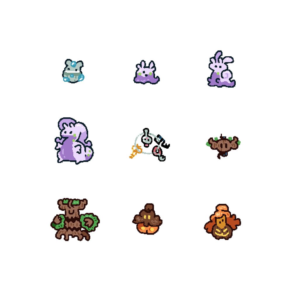 Cute Pokémon drawings. Carbink, Goomy, Sliggoo, Goodra, Klefki, Phantump, Trevenant, Pumpkaboo, Gourgeist.