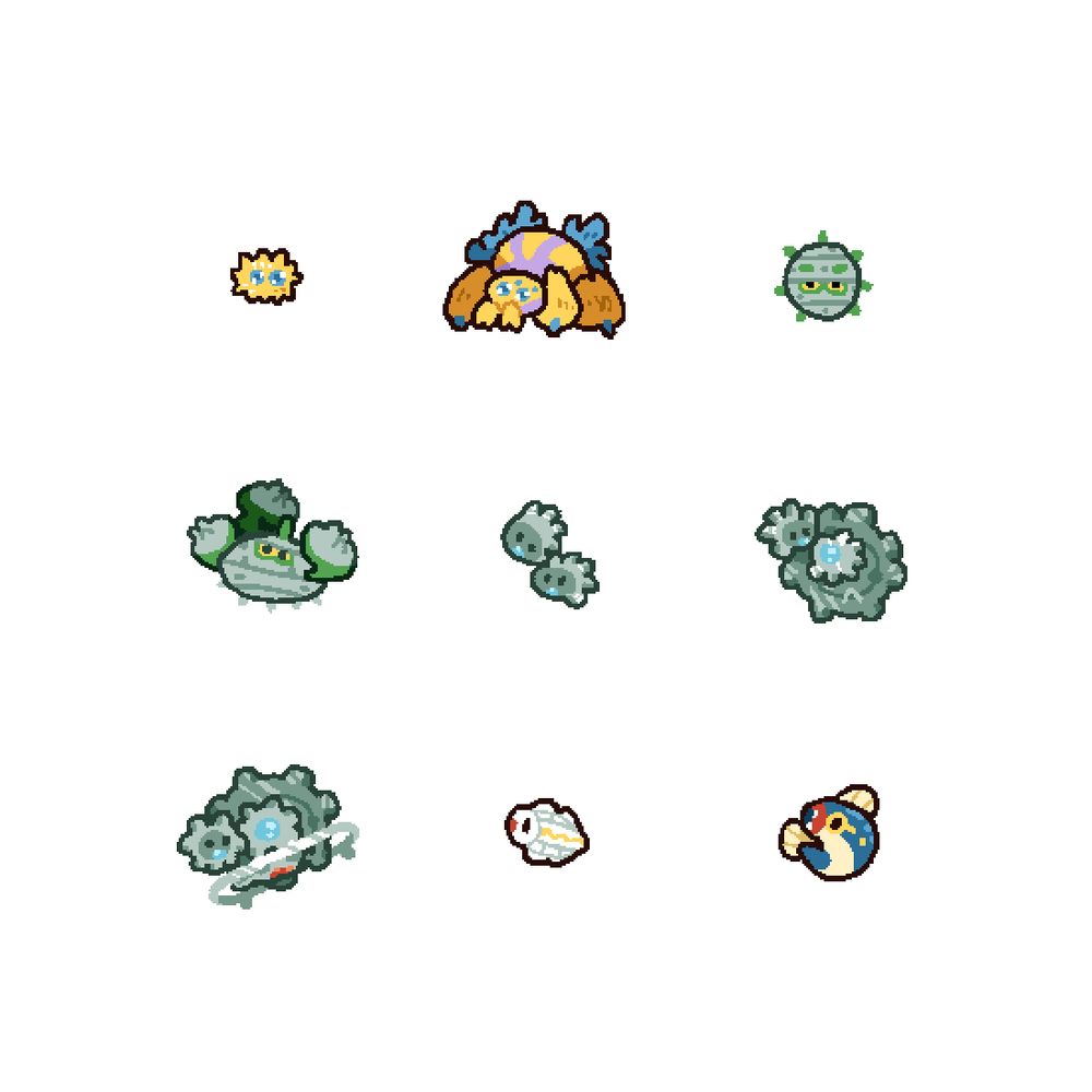 Cute Pokémon drawings. Joltik, Galvantula, Ferroseed, Ferrothorn, Klink, Klang, Klinklang, Tynamo, Eelektrik.
