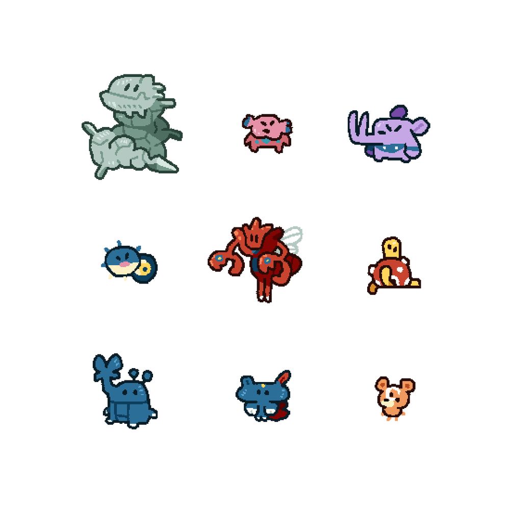 Neuf Pokémon dessinés de manière minimaliste et adorable. Steelix, Snubbull, Granbull, Qwilfish, Cizayox, Caratroc, Scarhino, Farfuret, Teddiursa.