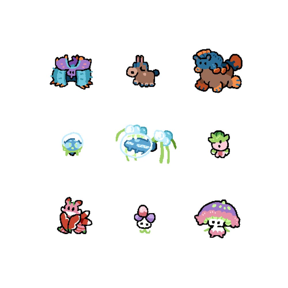 Cute Pokémon drawings. Toxapex, Mudbray, Mudsdale, Dewpider, Araquanid, Fomantis, Lurantis, Morelull, Shiinotic.