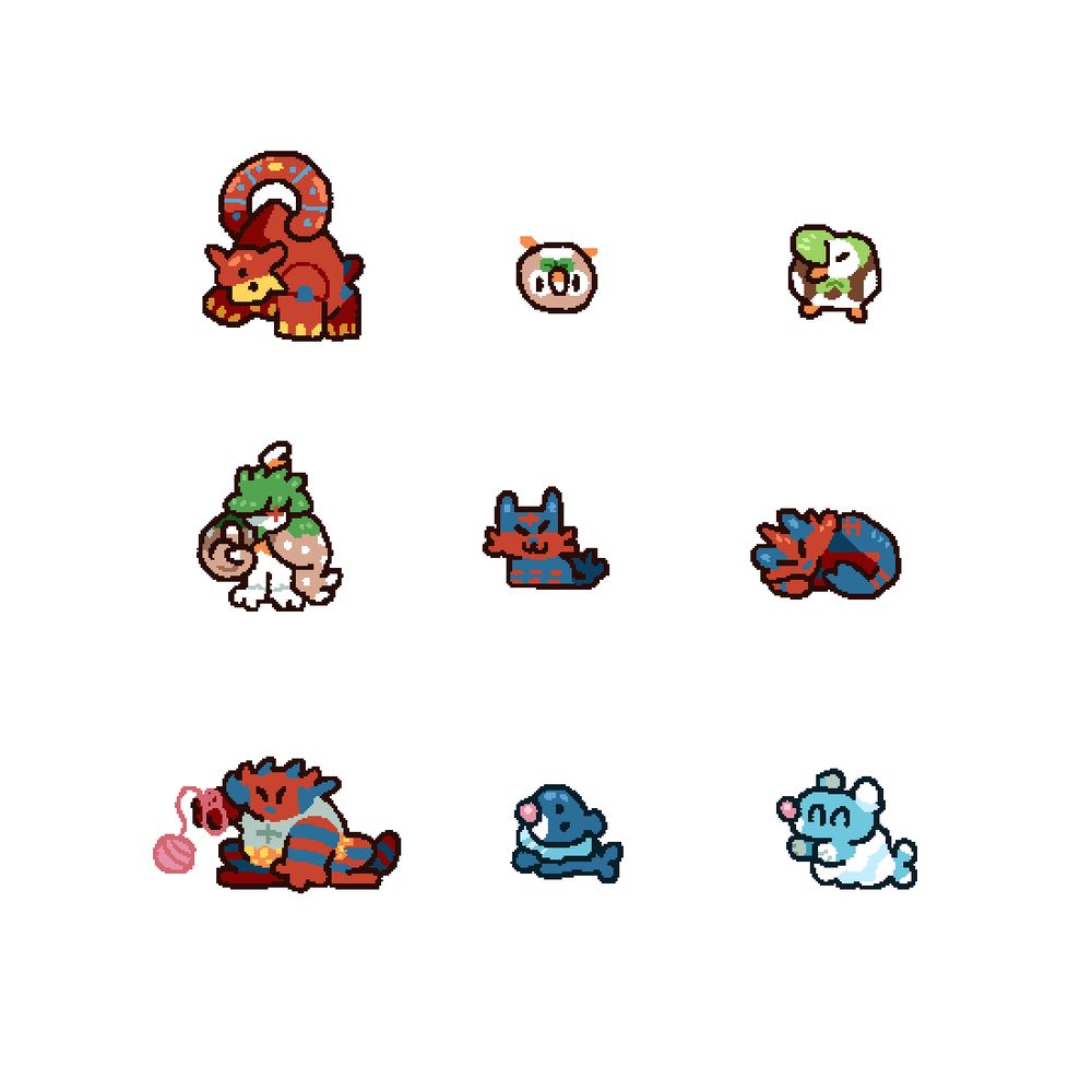 Cute Pokémon drawings. Volcanion, Rowlet, Dartrix, Decidueye, Litten, Torracat, Incineroar, Popplio, Brionne.