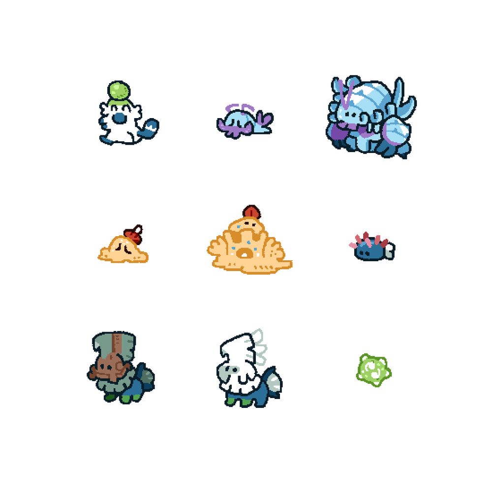 Cute Pokémon drawings. Passimian, Wimpod, Golisopod, Sandygast, Palossand, Pyukumuku, Type:Null, Silvally, Minior.