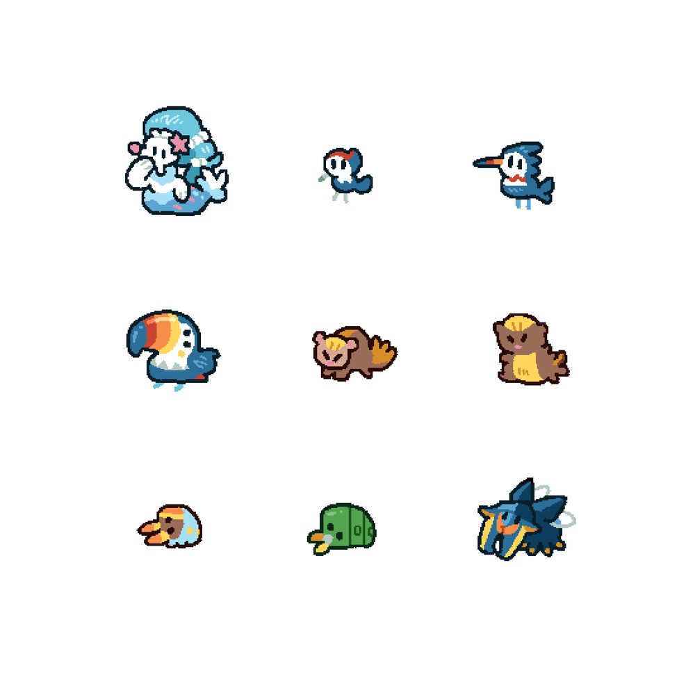 Cute Pokémon drawings. Primarina, Pikipek, Trumbeak, Toucannon, Yungoos, Gumshoos, Grubbin, Charjabug, Vikavolt.