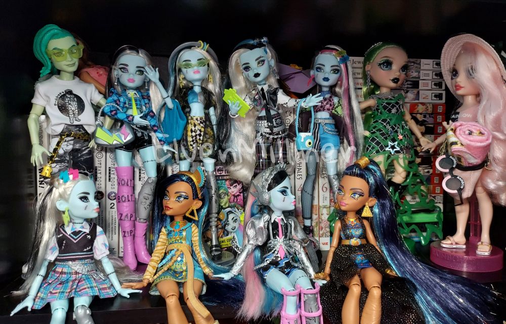 Shelf of Monster High g3 and Rainbow High dolls. Back row: Deuce, Coffee Break Frankie, Scaradise Island Frankie, Welcome Committee Frankie, Core Refresh Frankie, Fantastic Fashion Jade, and Pacific Coast Bella. Front row: Signature Frankie, Signature Cleo, Amped Up Frankie, Monster Ball Cleo.