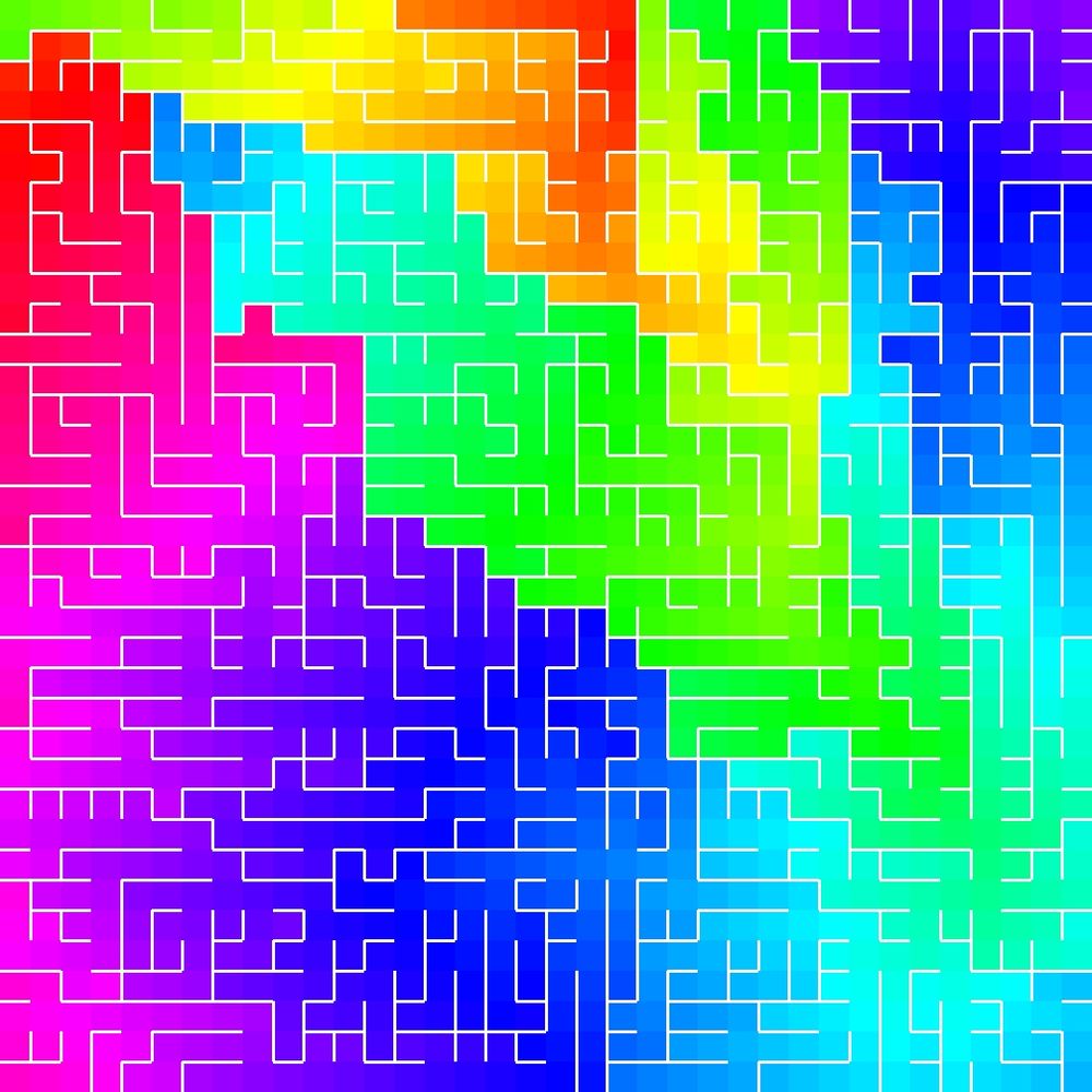 A maze colored depending on the distance from a point in the upper middle